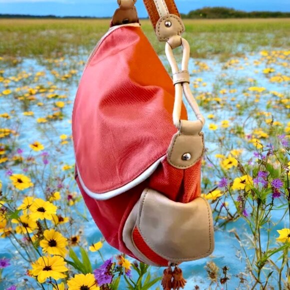 Cole Haan Shoulder Bag Hobo Flap Top Leather Trim orange nylon - Picture 6 of 14